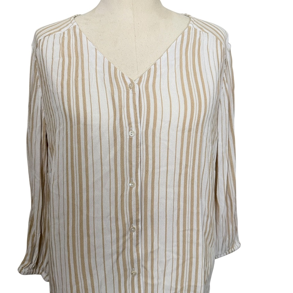 Chicos Tan White Striped Button Front V-Neck Blouse Rayon Size 3 XL 16-18